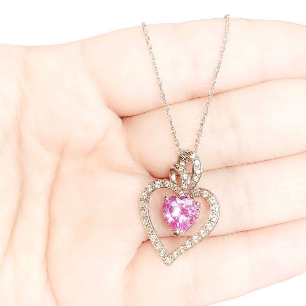 925 Sterling Silver Pink Topaz Heart Necklace